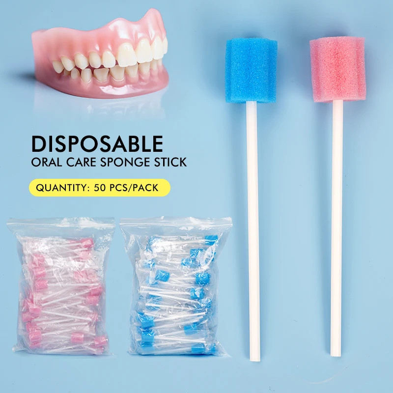 50Pcs Disposable Oral Care Sponge Head with Stick Micro Swabs Mouth ...