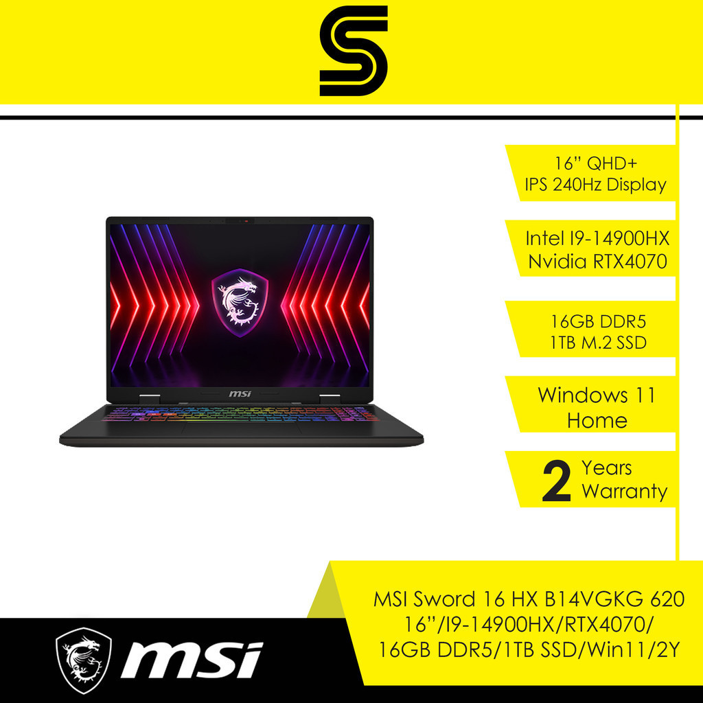 MSI Sword 16 HX B14VGKG 620 Gaming Laptop - 16