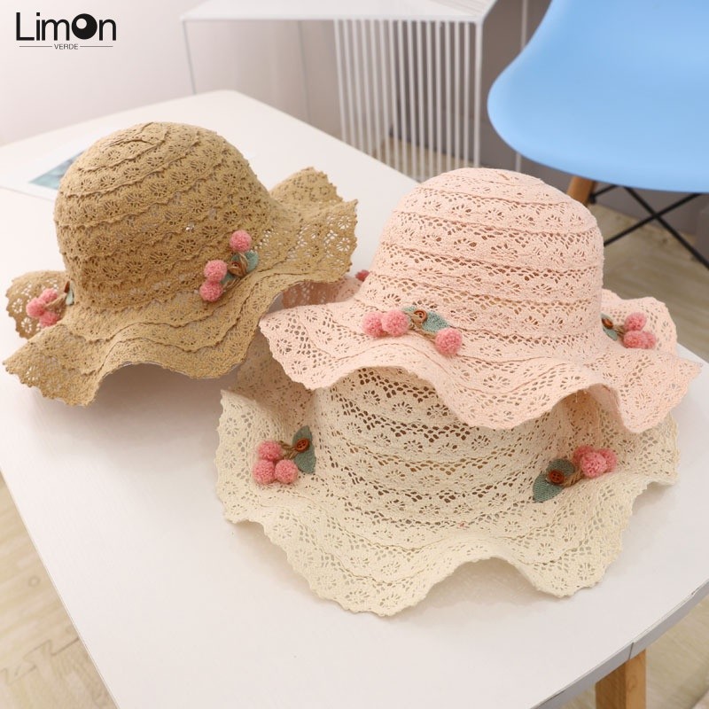 Topi jerami ceri serbuk renda versi Korea kanak-kanak topi pantai ...