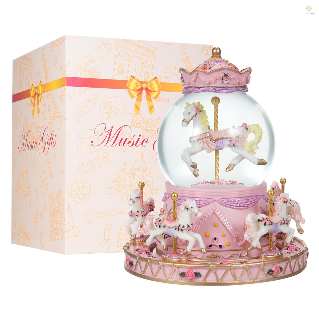 Rotating Carousel Music Box Crystal Ball Light-up Snow Globe Wind-up ...