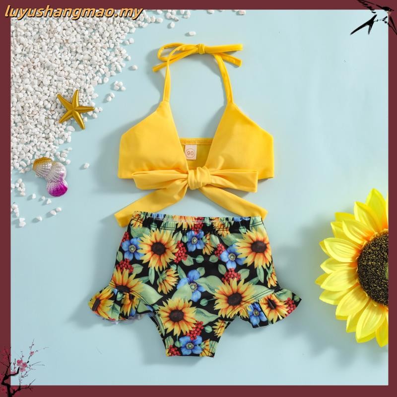 MANGO-Baby Swimming Halter Bikini Tops Shorts, Sunflower Pattern