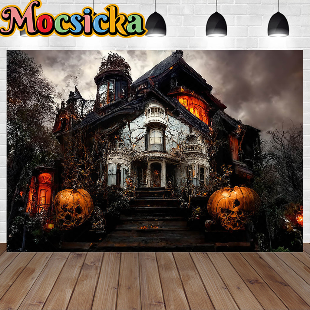Halloween Photography Backgrounds Horror Haunted House Pumpkin Backdrop ...