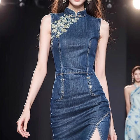 2024 High End Exquisite Temperament Small New Chinese Style Denim Dress Female Improved Cheongsam 2024.8.14 Shopee Malaysia