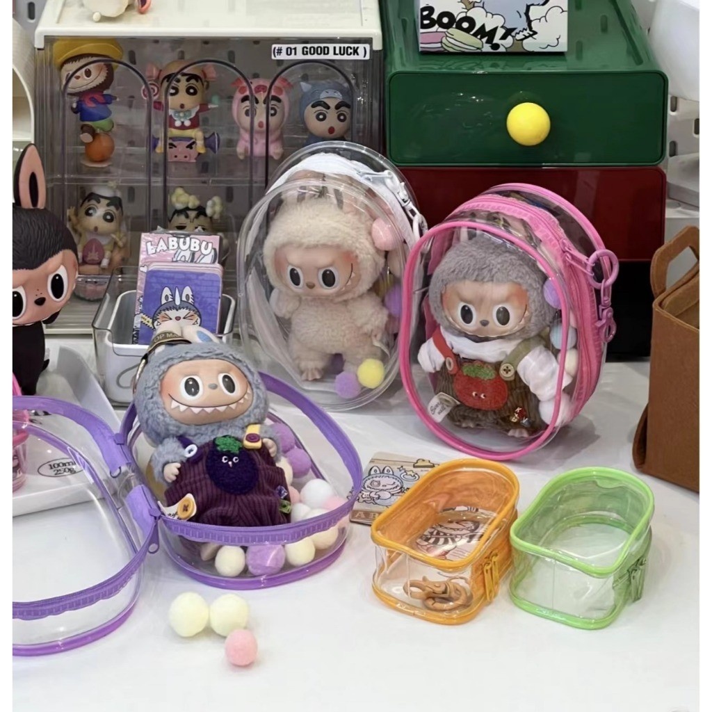 18cm Labubu Doll Organizer with Keychain Plush Toy Display Box PVC ...