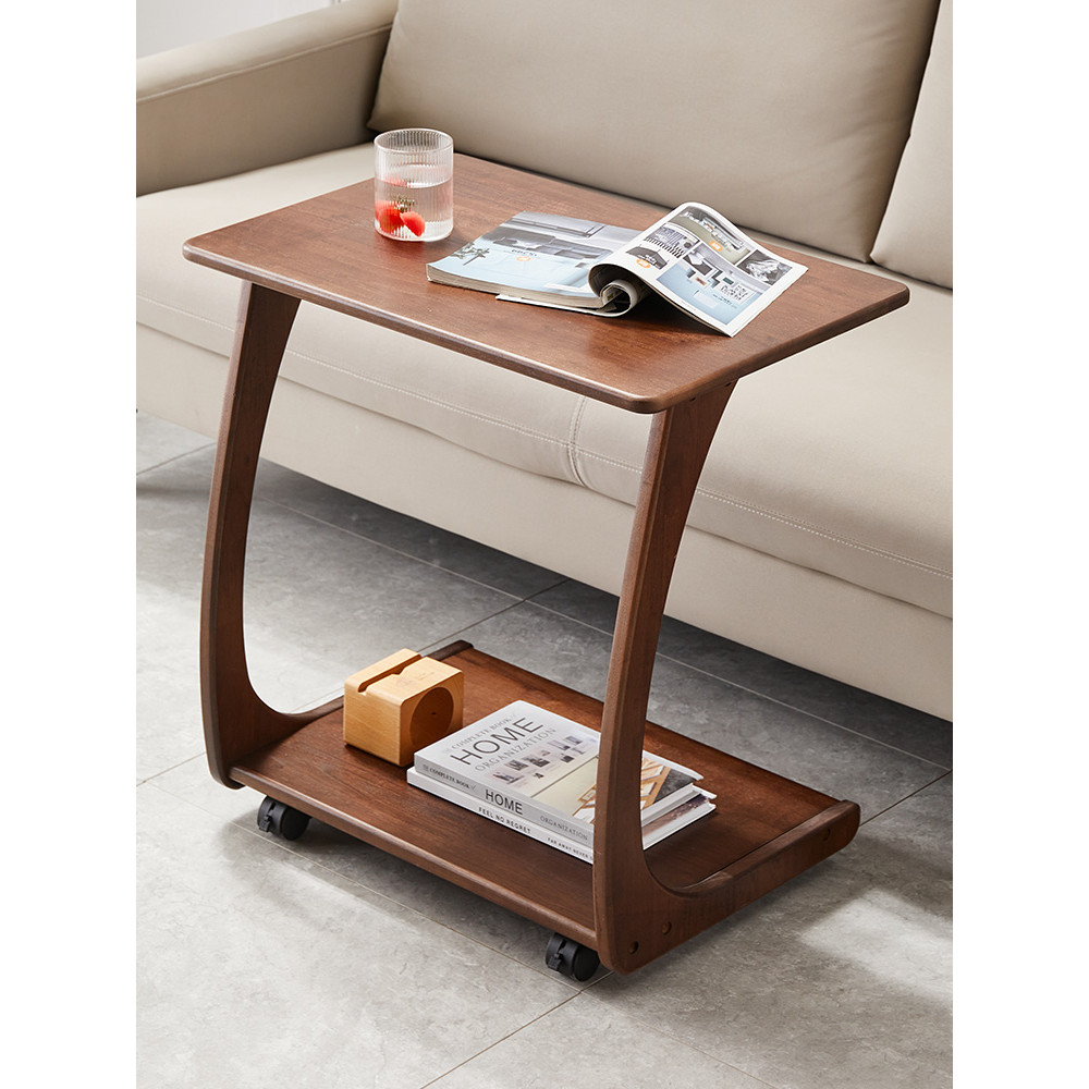 Solid Wood Sofa Side Table Cabinet Movable Table with Wheels Mini ...