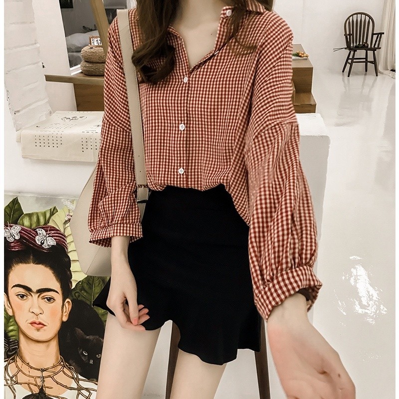 Korean Style Plaid Blouse Women Casual Long Sleeve Loose Ladies Simple Vintage Baggy Shirt Top Fashion Women Clothes Baju Lengan Panjang Kemeja Perempuan Blaus Wanita Terkini Muslimah Murah Blouse Lab...