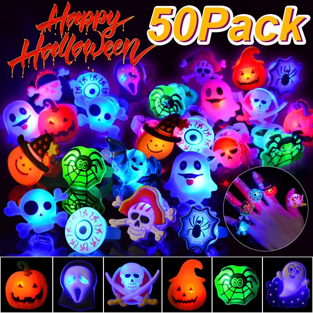 50pcs Halloween Light Up Rings Toys LED Flashing Glow in The Dark Rings ...