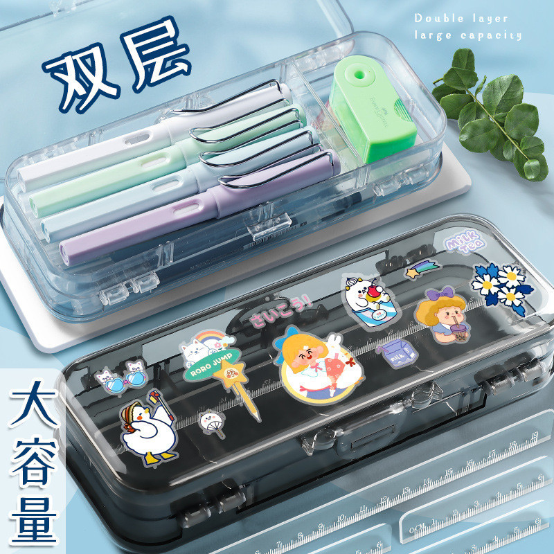 [ready stock]透明 双层 文具盒 学生 文具 收纳 笔盒 双面 多功能 铅笔盒 大容量 文具盒 Transparent ...
