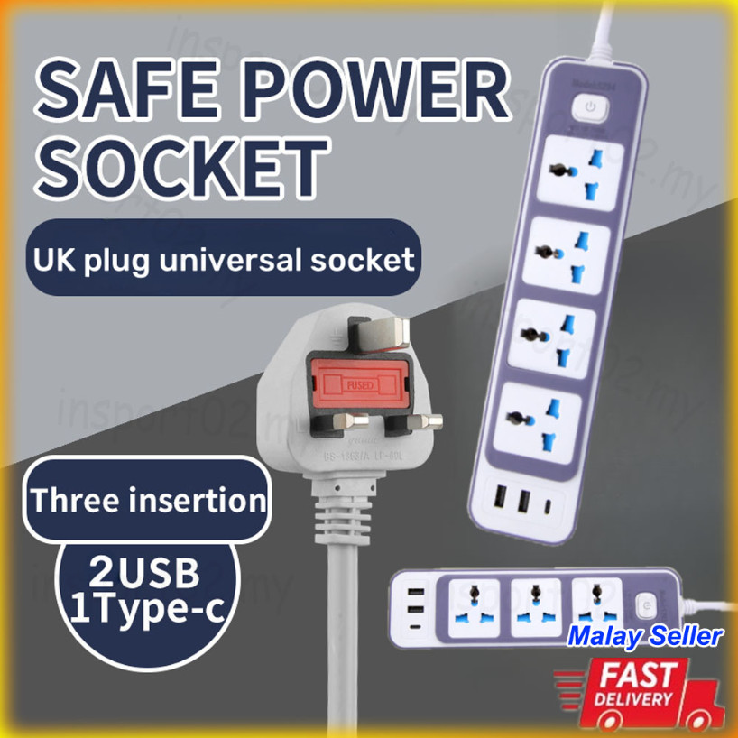 Universal Extension Plug with 3 USB Ports Power Strip 3/4 Gang 2M Surge ...