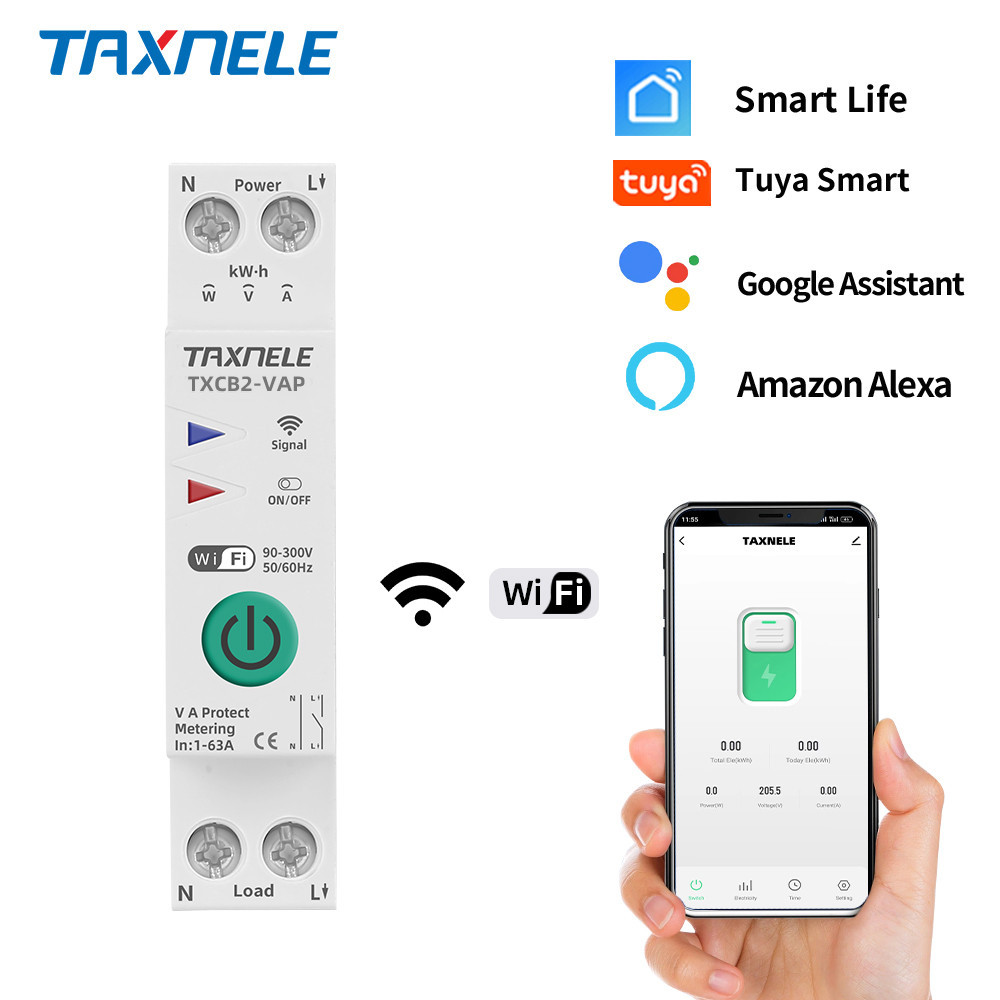 Taxnele 63A 1P+N Smart Switch WIFI Energy Meter KWh Measurement Circuit