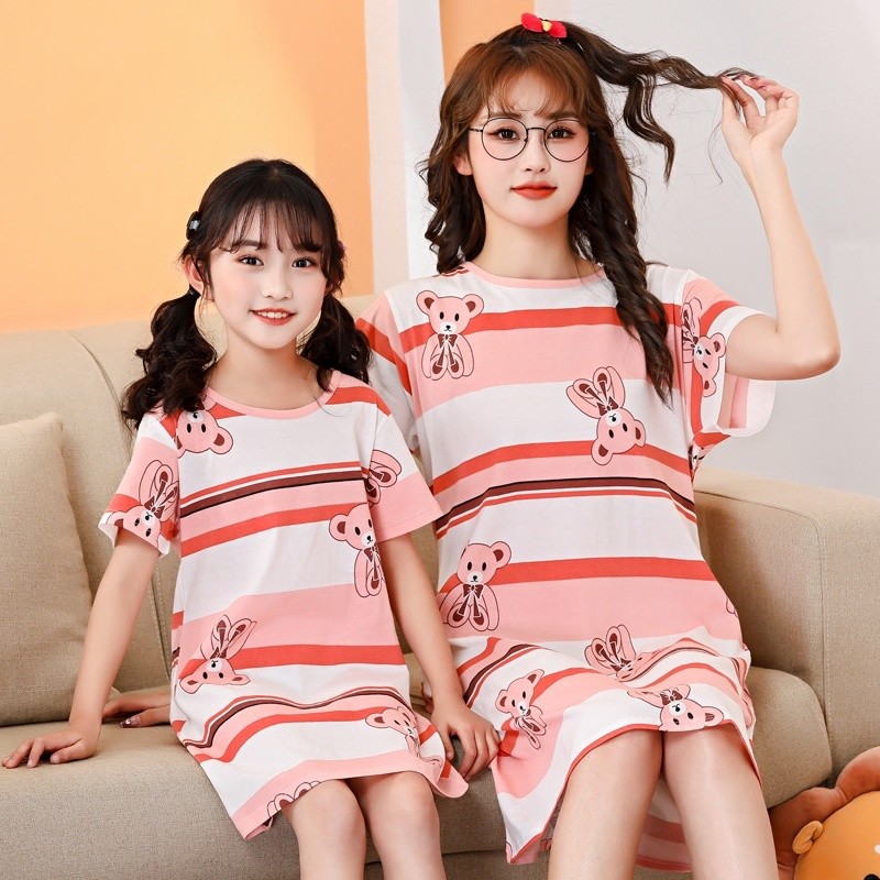 LF Parent child Short Sleeve Nightgowns 100 180cm Cotton Women Girls Long Night T shirt Nightdress for Spring Summer Shopee Malaysia