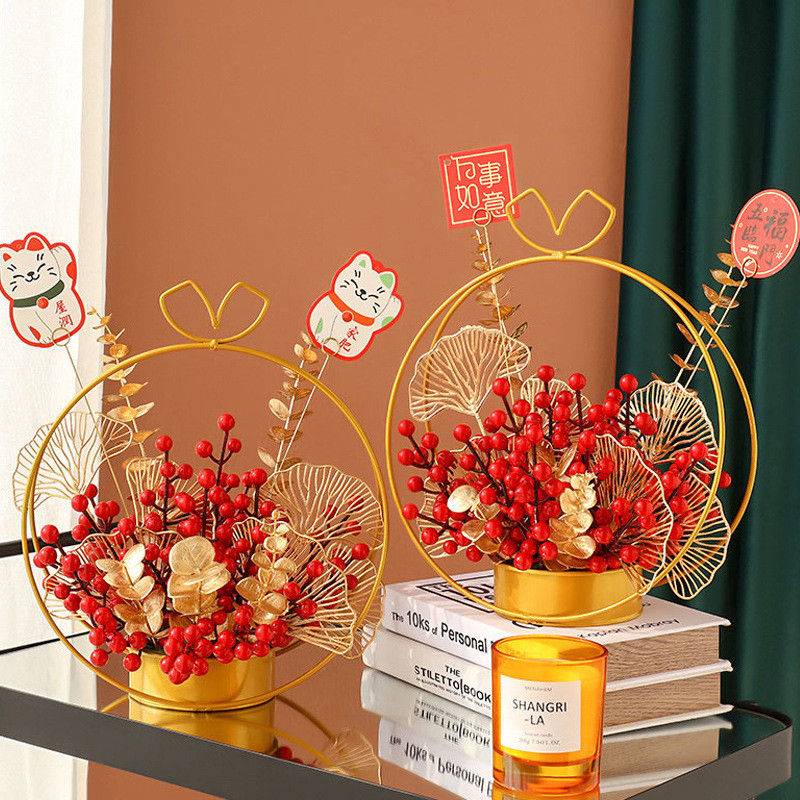 新年裝飾2025 Ins Red Pulp Rich Fruit Simulation Flower Desktop Decoration