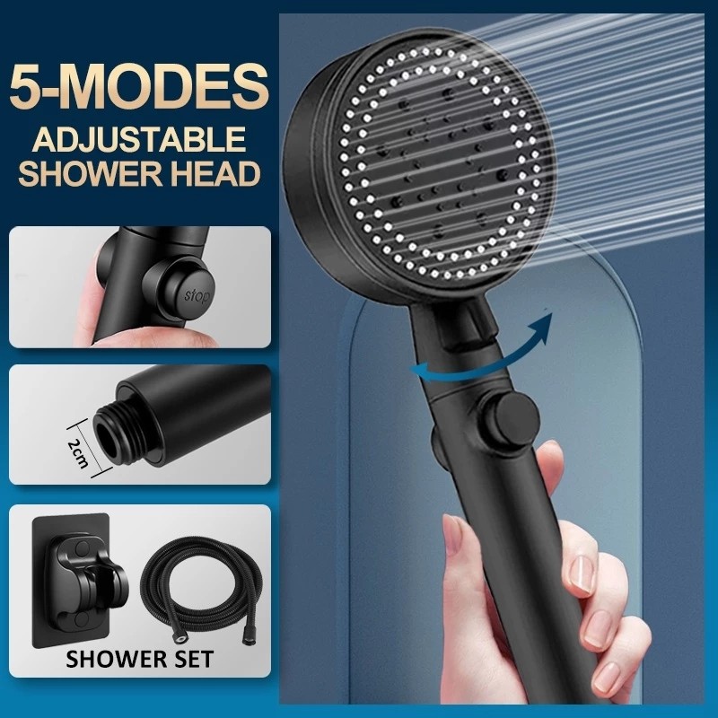 Shower Head 5 Mode Water Saving Adjustable High Pressure Shower One-key ...