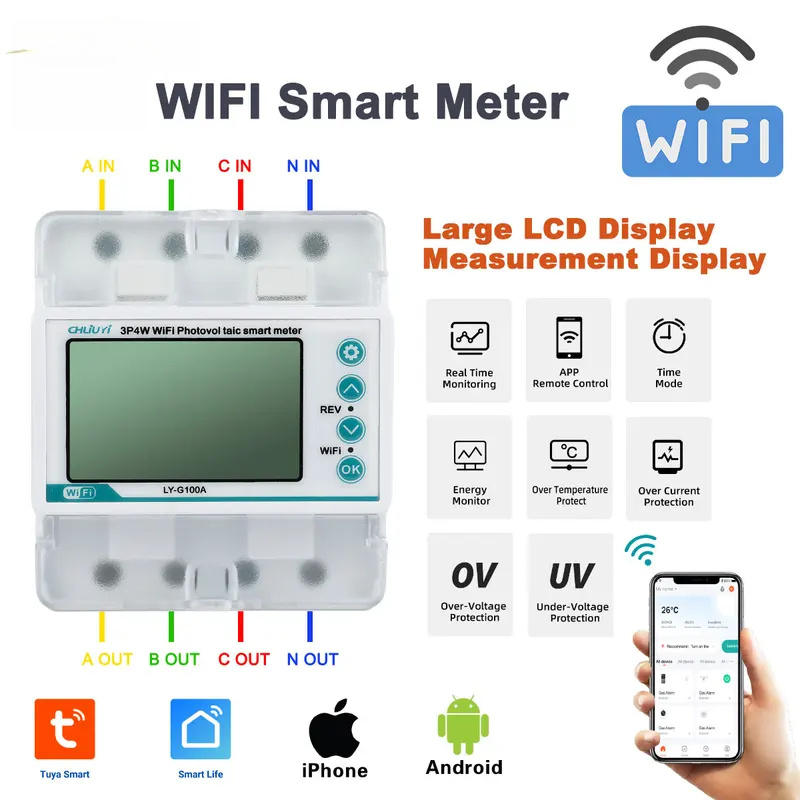 4P Tuya WiFi 3*220/380V 5(100)A Smart Life Three Phase Din Rail Smart ...