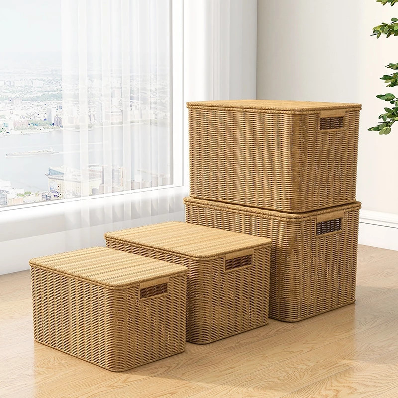Rattan Basket with Lid Hand-Woven Wicker Basket Rattan Storage Box ...