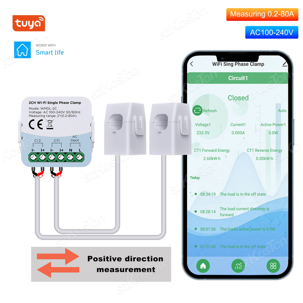 Energiemeter 80A Met 1 Stroom Transformator Klem, Smart Meter Energie Monitor voor Tuya Smart Leven WIFI Energiemeter 80A Met 2 Klem Ct App KWh