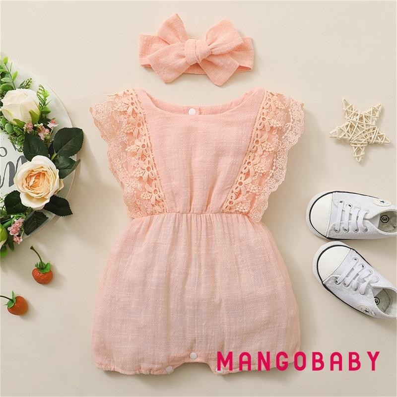 MANGO Toddler Girls Clothes Set Sleeveless Short Romper with Lace Shoulder Bow knot Headband for Summer Shopee Malaysia