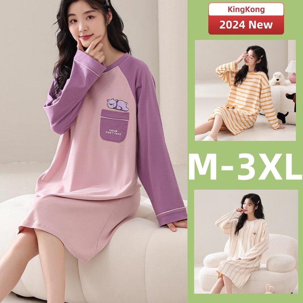 baju tidur wanita Night Dress Padded Pyjamas Women 100 Cotton Autumn Winter Long Sleeves Sleepwear Woman Lady Loose Comfortable Pajamas Home wear sleeping dress Shopee Malaysia