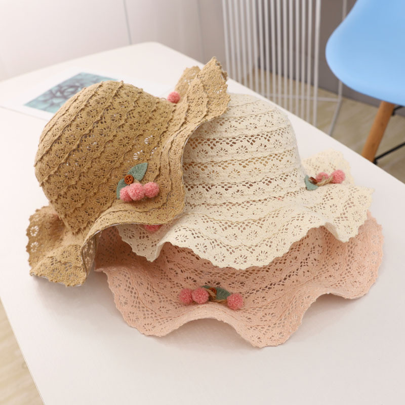 Topi jerami ceri serbuk renda versi Korea kanak-kanak topi pantai ...
