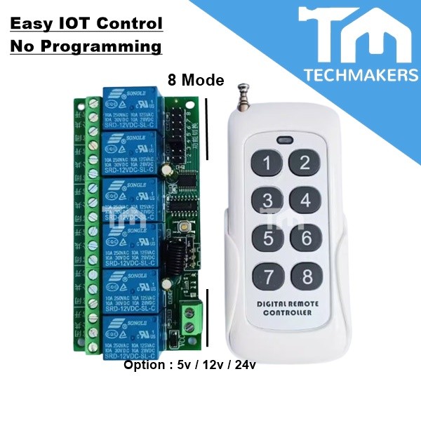 433MHz 5V/12V/24V 6CH Channel Relay RF Wireless Remote Control Switch Transmitter + Receiver (No Programming) Easy IOT