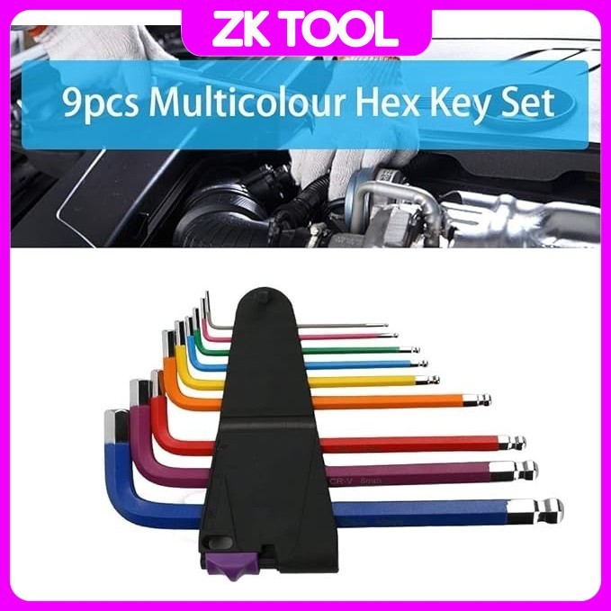 ZKT 9Pcs Allen Key Colour Coded Ball-End Hex Allen Key Wrench Tools set ...