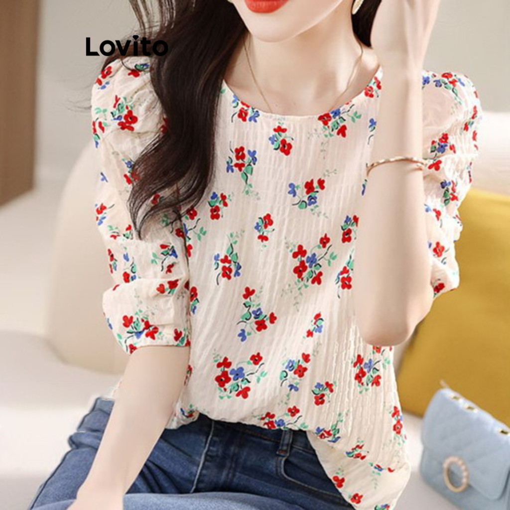 Lovito Casual Ditsy Floral Blouse For Women Lne Lovito Blus Ditsy Bunga Polos Kasual Untuk