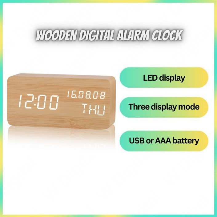 Wooden LED Digital Alarm Clock, Voice Control Bedhead Clock With ...