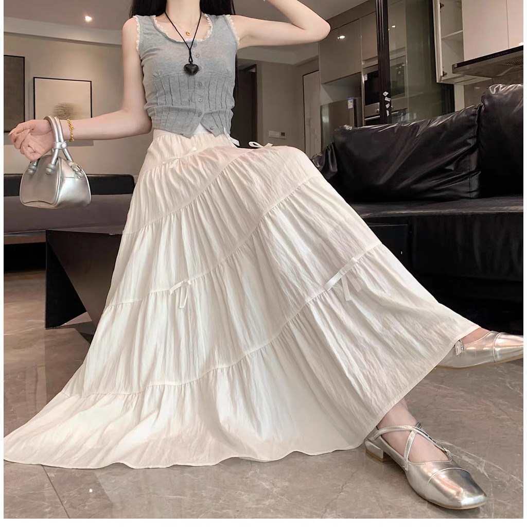 T247 Ribbon Maxi Skirt High Quality Much Fabric Half Body Skirt Holiday Outfit Shopee Malaysia