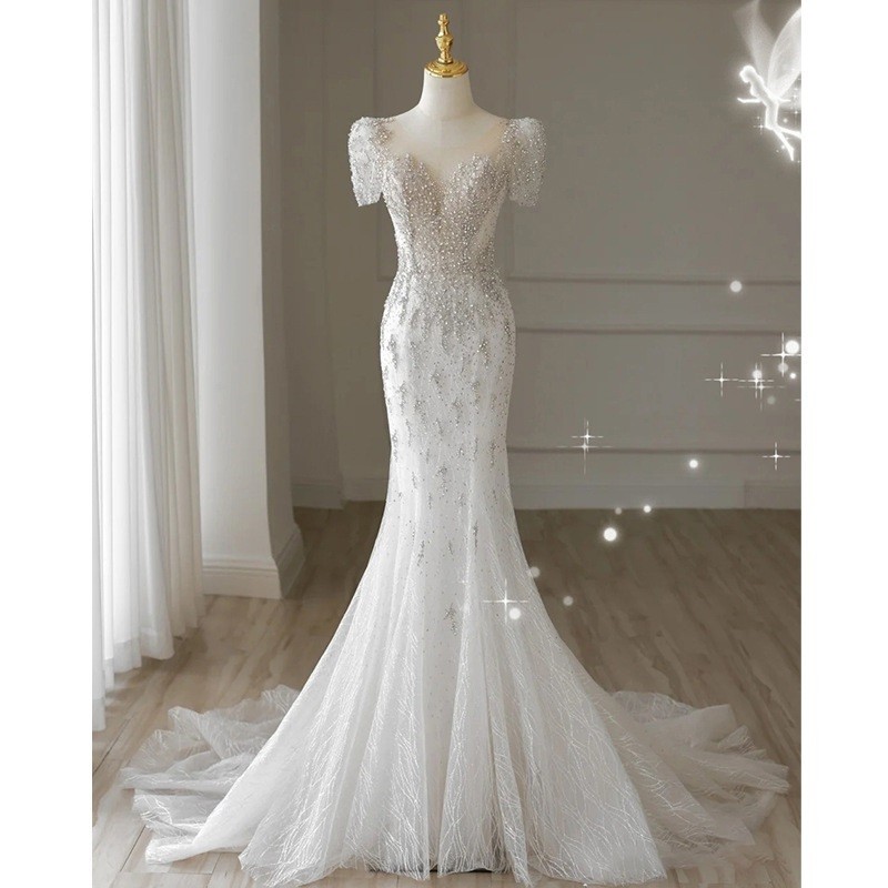 French Style White Fishtail Wedding Dress - Elegant Evening Gown ...