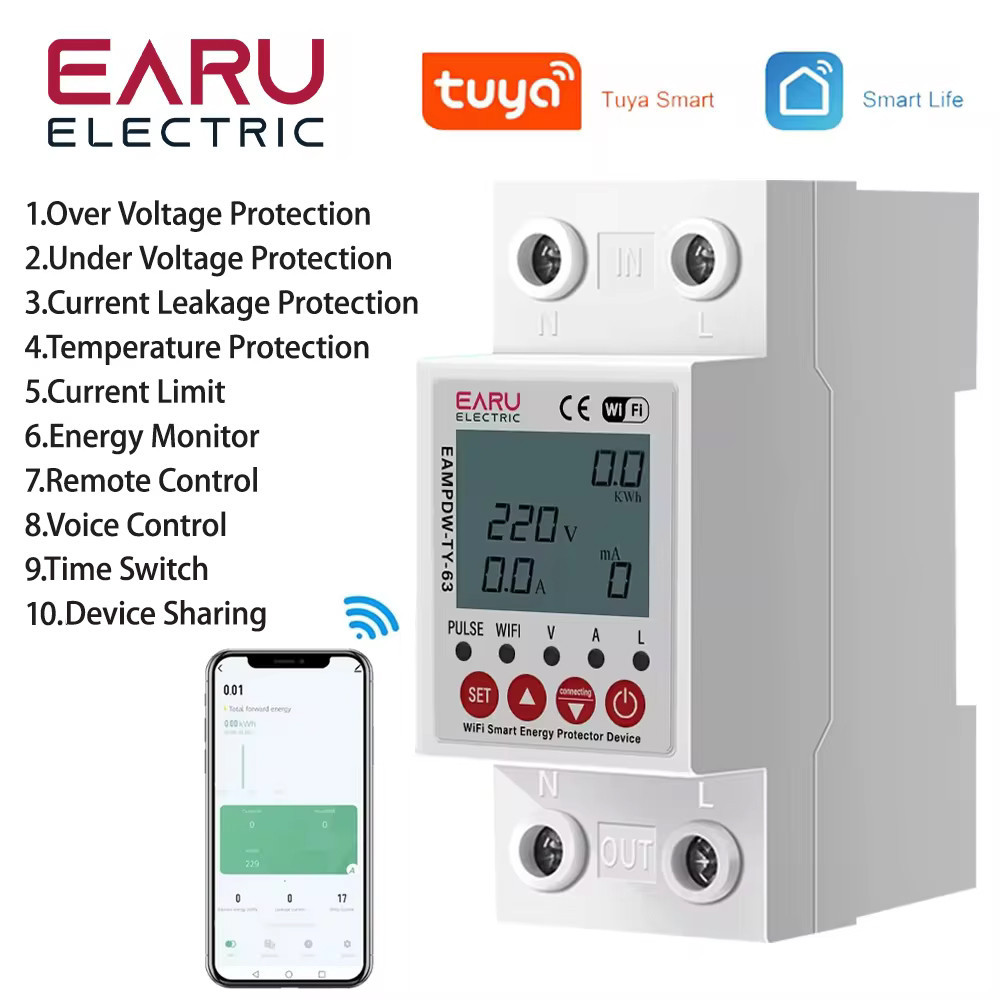 2p 63a Tuya App Wifi Smart Circuit Earth Leakage Over Under Voltage