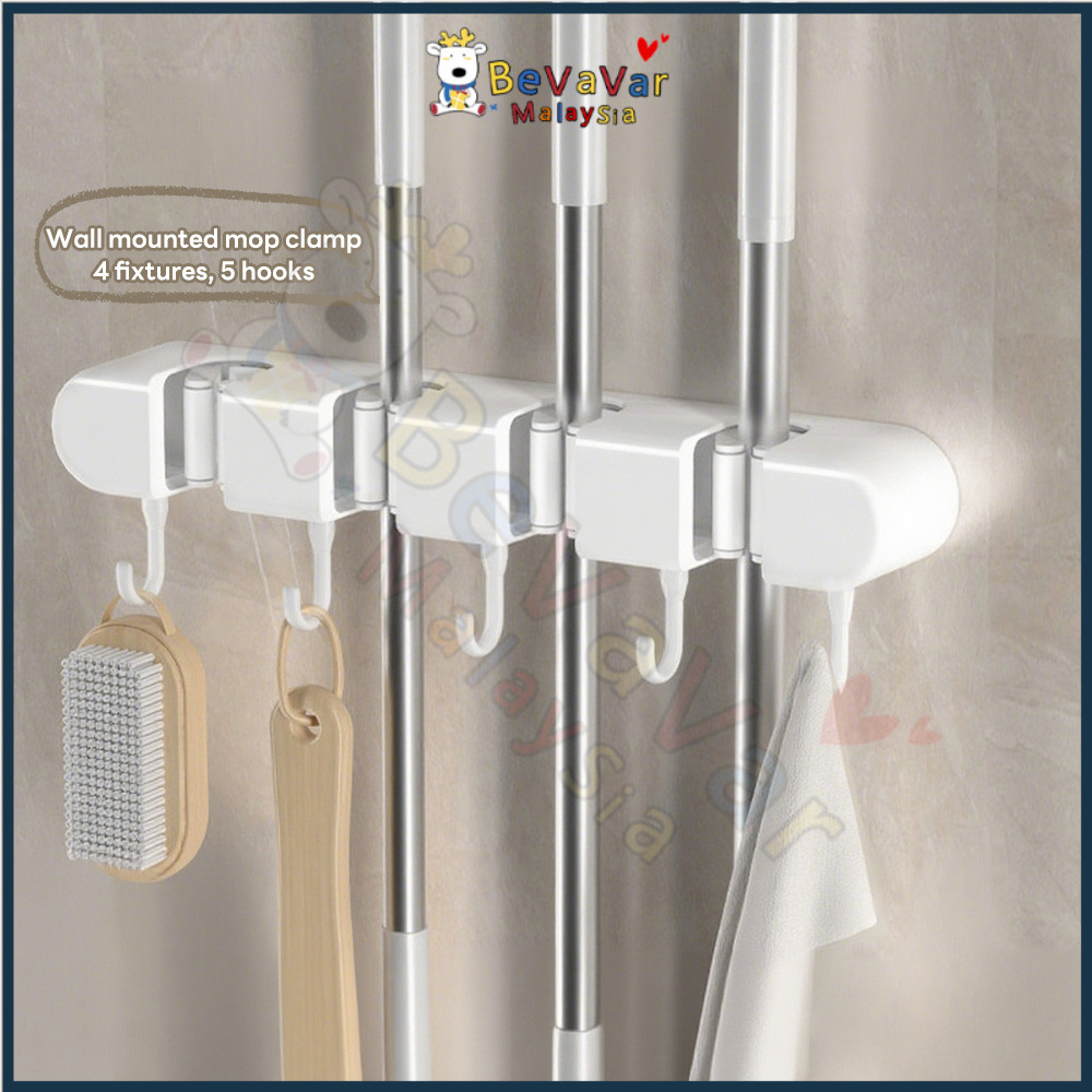 Mop And Broom Holder, Wall Mounted Organizer-Mop And Broom Storage Tool Rack With 4 Ball Slots And 5 Hooks - View #9