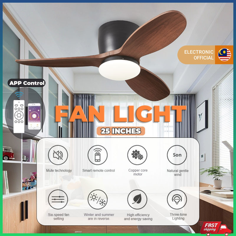 25 Inch LED Ceiling Fan with 3 Color Light 6 Speed Fan Kipas Siling ...