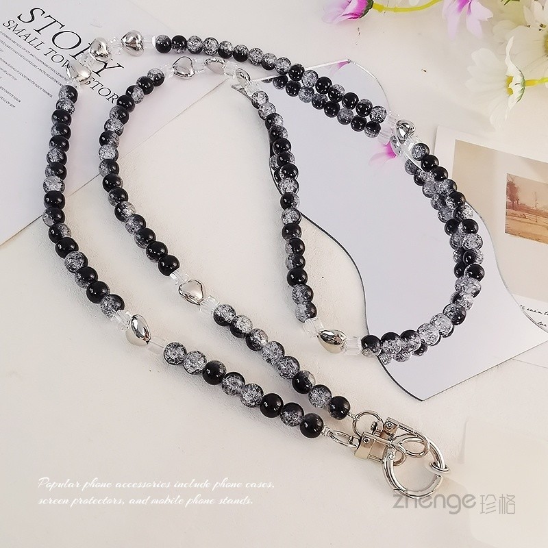 Mobile Phone Lanyard Crossbody Crack Bead String Silver Love Heart