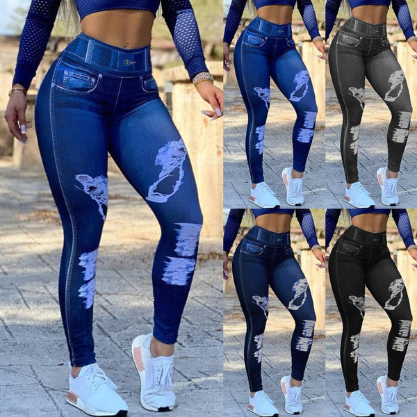 S 2XL Multicolor Imitation Jeans Leggings Seamless Cotton Yoga Pants Leggings Snowflake Pocket Denim Leggings Shopee Malaysia