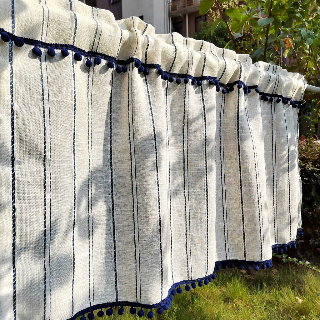 Namzi Colorful Stripe Sheer Tier Curtain – Pompom Trim, Rod Pocket, Light Filtering (55x70 Inch)