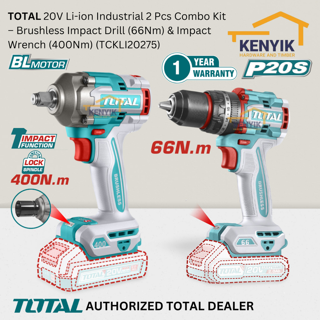 TOTAL 20V Li-ion Industrial 2 Pcs Combo Kit – Brushless Impact Drill ...