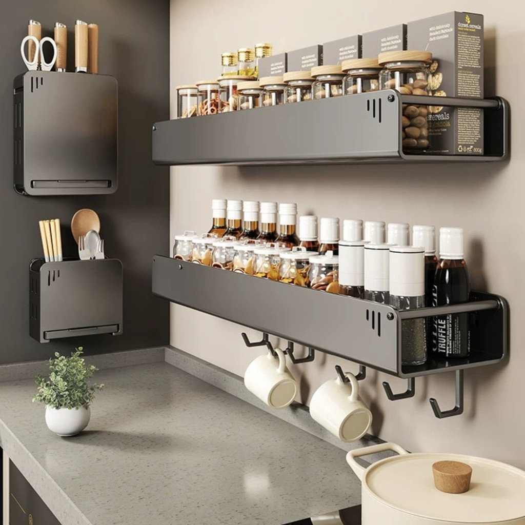 Wall Rack Kitchen Spice Rack Seasoning Rack Organizer Wall Mount Dark ...