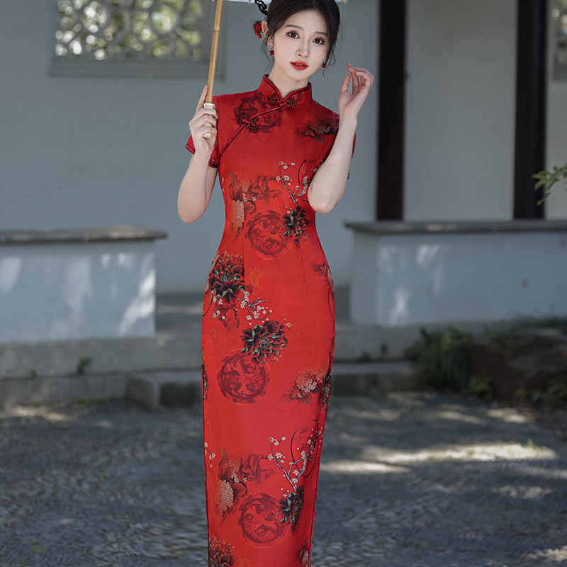 Red Cheongsam Dress Shopee Retro Ethnic Style Chinese Traditional Qipao  Dress Fashion