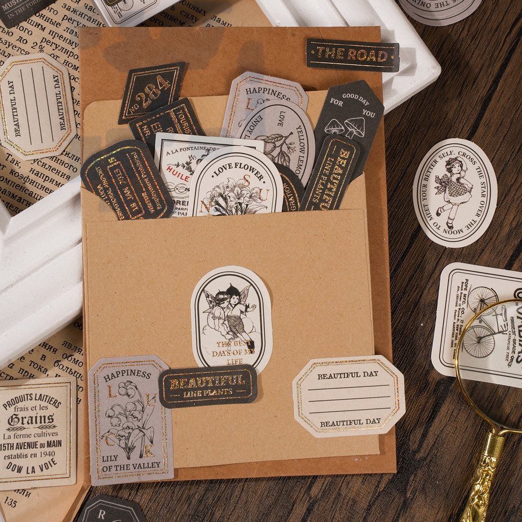40 Pcs Antique Looking Golden Labels Scrapbook Stickers Vintage ...
