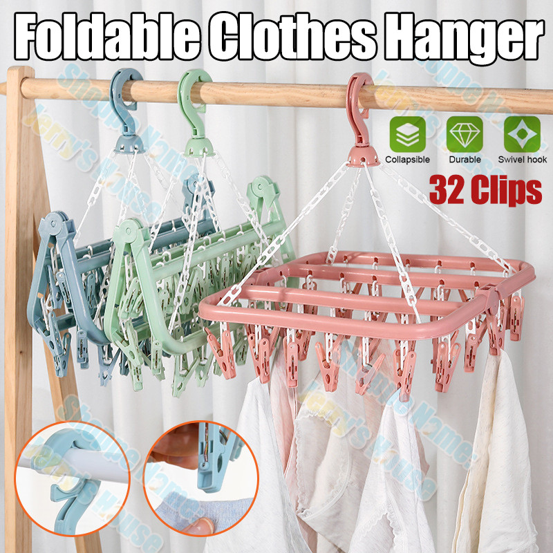 32 Clips Foldable Clothes Hanger Windproof Clothes Drying Rack Plastic ...