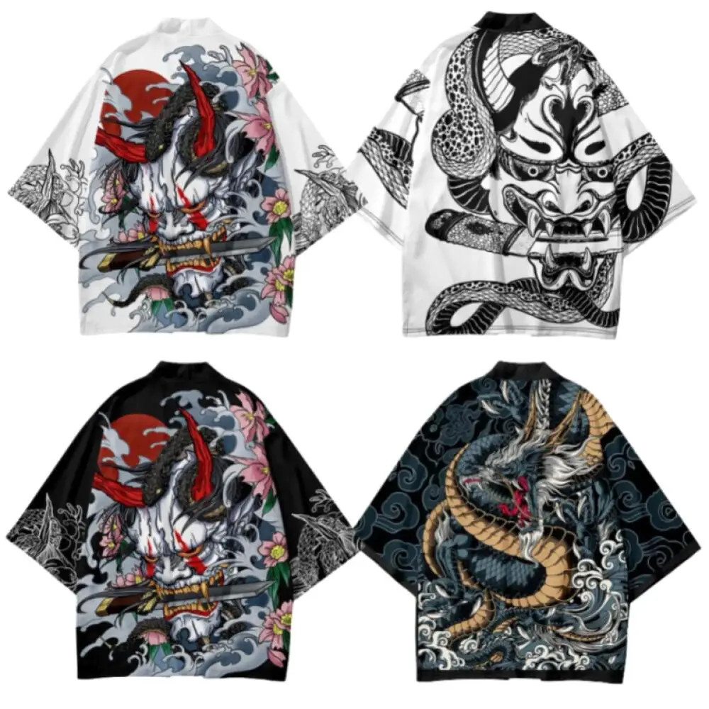 Summer Demon Snake Print Cardigan Men's Chinese Dragon Pattern Japanese