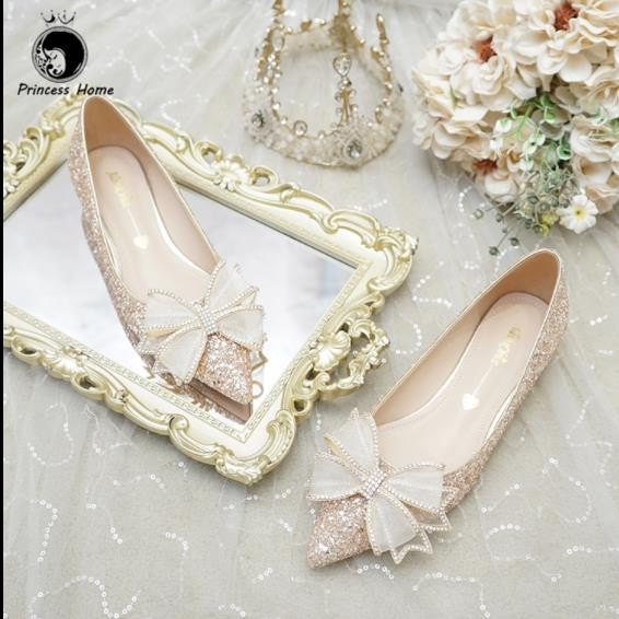 Ready Stock Kasut perkahwinan berpita nikah tinggi wanita perempuan French Flat Maternity Wedding Shoes 2022 New Bow Master Bridal Shoes Sequins Pointed Toe Block Heel Bridesmaid Shopee Malaysia
