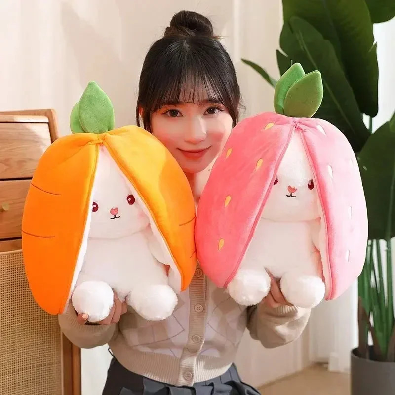 Kawaii Fruit Transfigured Bunny Plush Toy Cute Carrot Strawberry Turn Into Rabbit Plush Toy Kids Birthday Christmas Gift Muppet