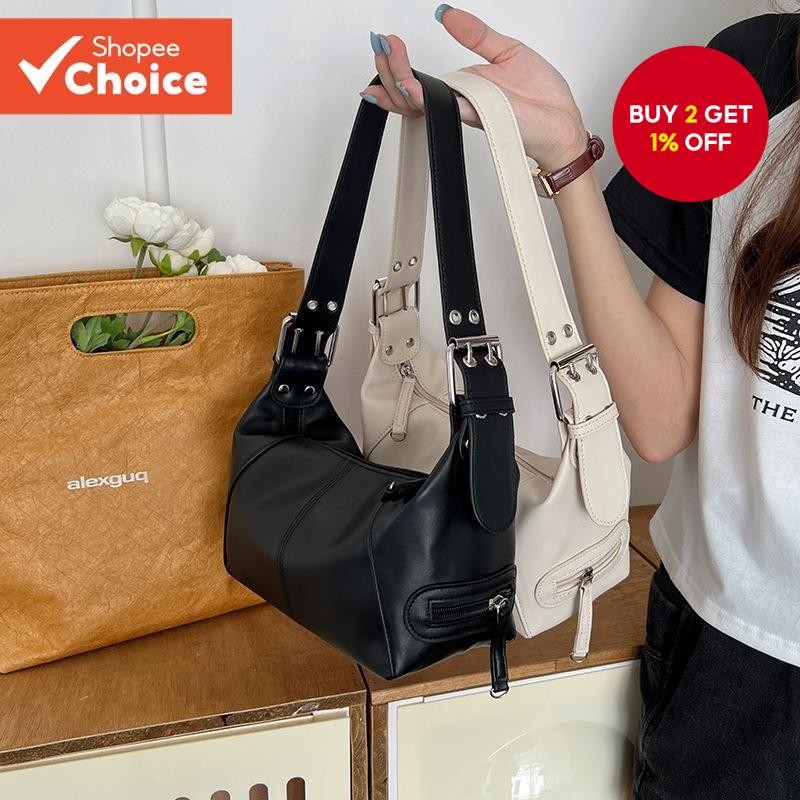 Edgy Girl Leather Shoulder Bag Vintage Zip Top Handle Underarm Purse