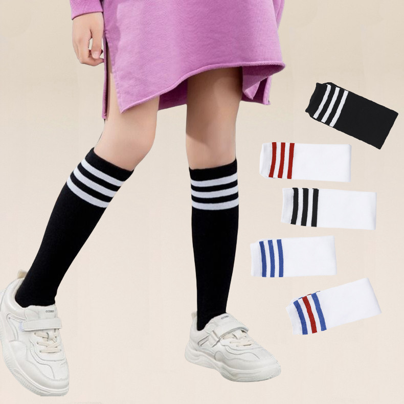 Student Children Boys Girls Knee High Solid Striped Socks Football