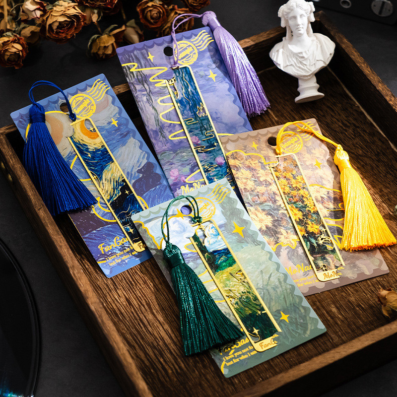 Unique Aesthetic Panting Series Metal Bookmarks Ruler with Color Tassel ...
