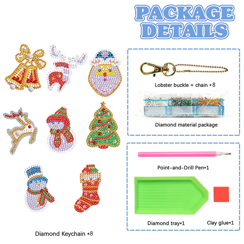 THEBEST 8Pcs Double Side Christmas Elements Diamond Art Keyring Diamond ...
