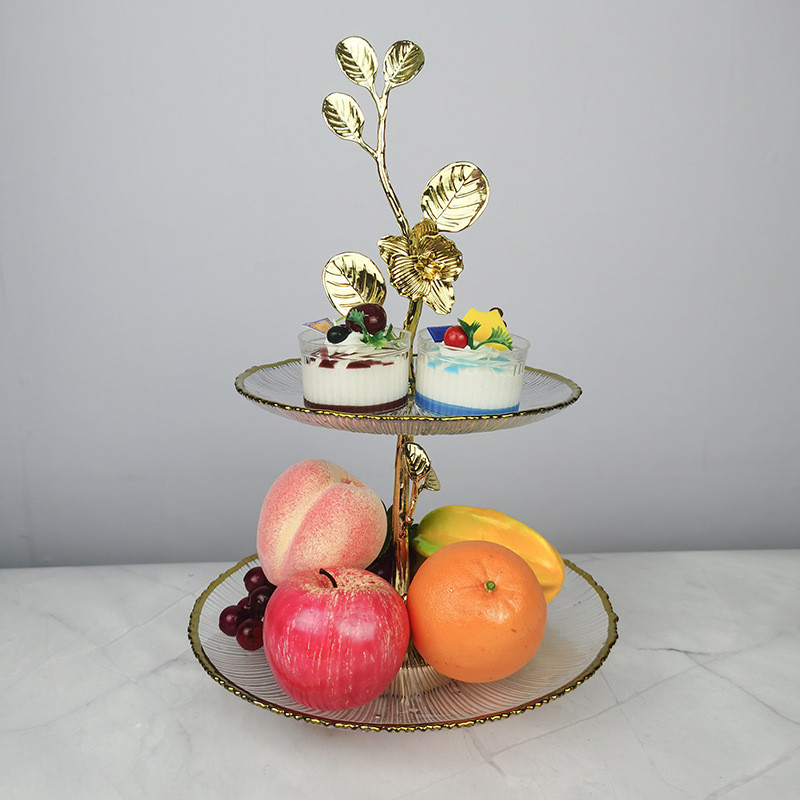Luxury Gold Plated Glass Cake Stand with Metal Flower Handle Two