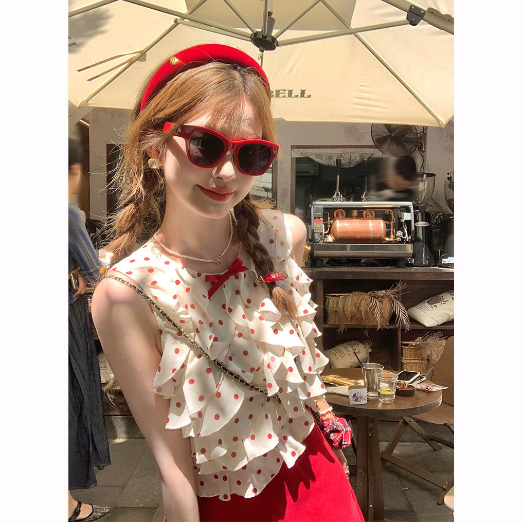 Bow ruffled polka dot vest top women's high waist skirt niche