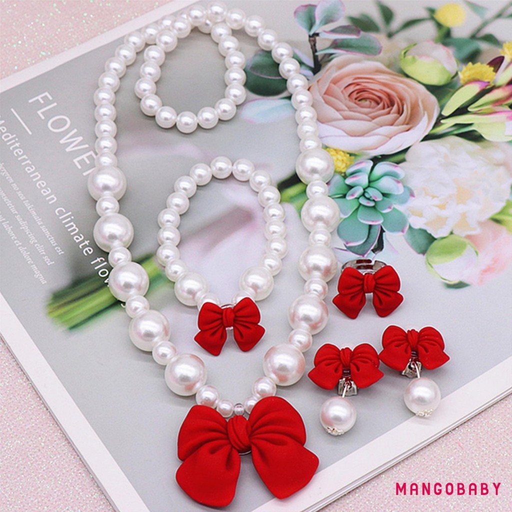 MANGO-Kid Elegant Jewelry Set Cute Pearl Bow Rings Necklaces Bracelet ...